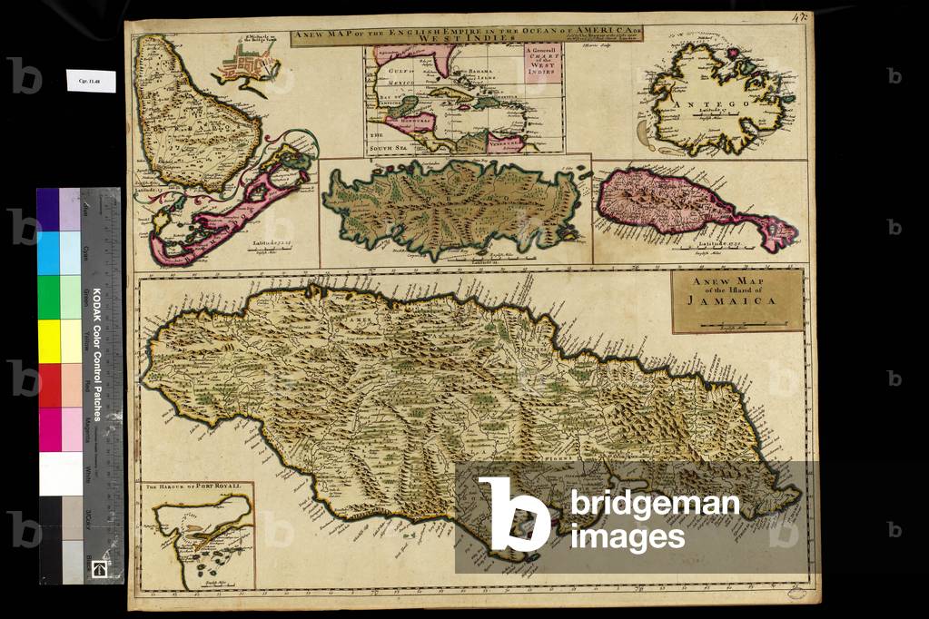 Geography map: representation of the main British islands of the Caribbean Sea (Antigua, Barbados, Jamaica, Tobago, St. Christopher Island or St. Kitts) from an Atlas from the beginning of the 18th century. Biblioteca Angelica, Rome