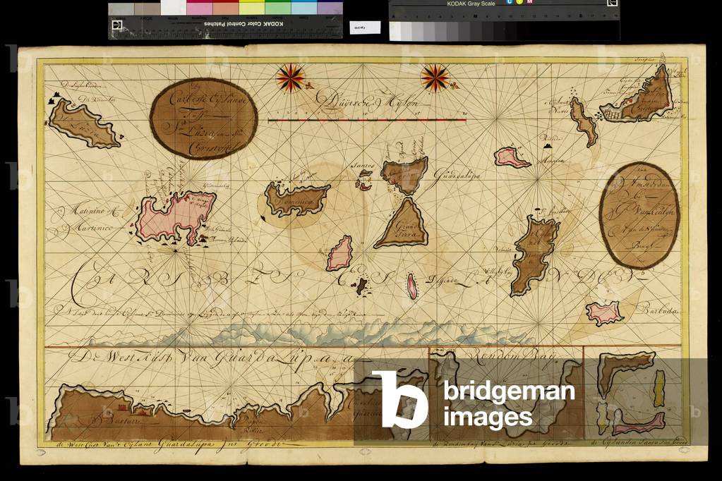 Geography map: representation of part of the archipelago of the small Antilles (island of Saint Lucia, Martinique, Dominica, Île des Saintes, Guadeloupe, Montserrat, Antigua, Barbuda), south east to left and north to right, made by Dutch cartographer Gerard van Keulen (1678-1726) 1709-1713 Biblioteca Angelica, Rome