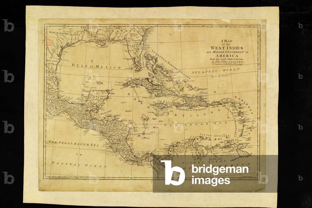 Geography: map showing Central America (Mexico, Yucatan, Honduras, Nicaragua, Costa Rica), the Gulf of Mexico and the Caribbean Sea islands (Antilles), the North of South America and the South of the United States. Plate taken from a History of Geography by John Blair (1720-1783), Scottish chonologist scholar, 1779-1813. Biblioteca Jose Marti, Havana, Cuba