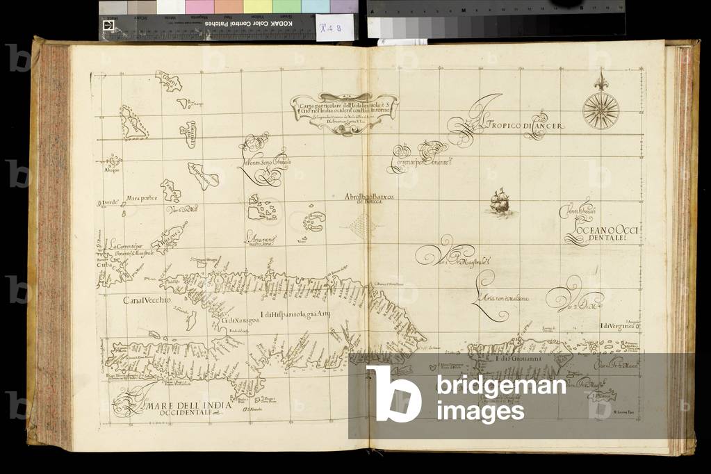 Geography map: representation of the island of Hispaniola (Santo Domingo and Haiti) (Greater Antilles), of the Virgin Islands (Lesser Antilles) in Central America from an Atlas made by the Italian cartographer Antonio Francesco Lucini (born 1605), about 1661 Biblioteca Angelica, Rome