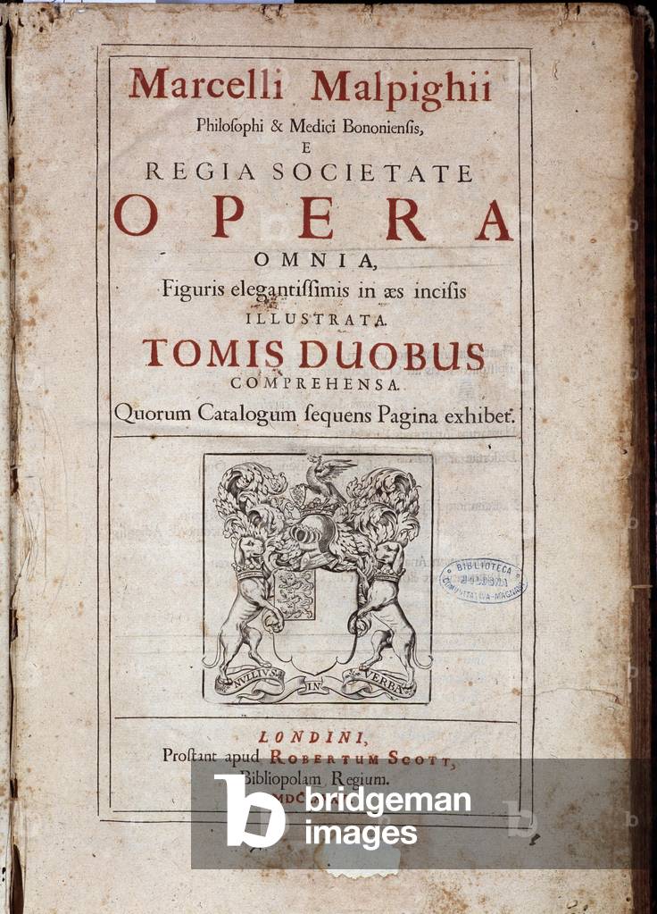 Frontispice of “” Opera Omnia, Figuris elegantissimis in aes incisis illustrata”” by Marcello Malpighi (1628-1694), father of microscopic anatomy or histology. 1686. Bologna biblioteca Comunitativa.