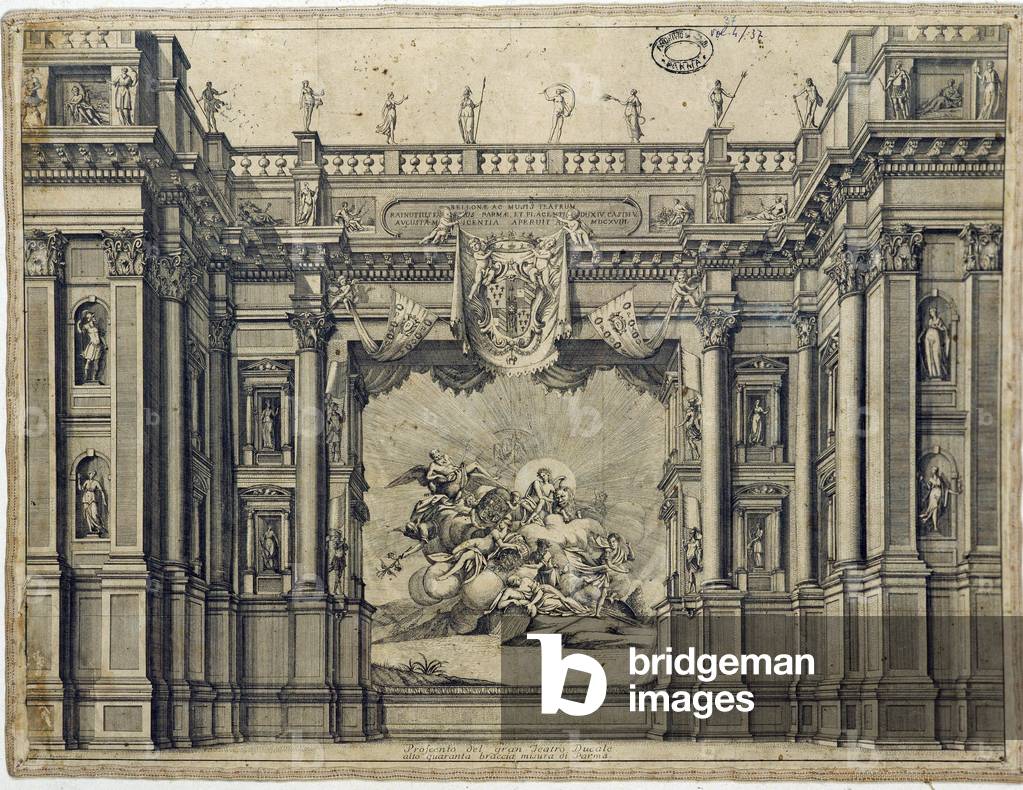 Prestage of the Teatro Farnese, theatre directed by Italian theatral architect Giovan Battista Aleotti dit l'Argenta (1576-1636). Lithograph of the 19th century. National archive of Parma.
