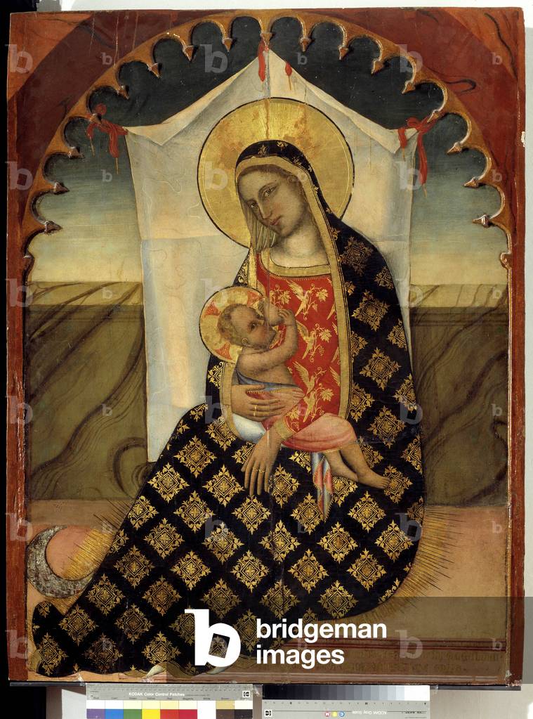 Madonna of the Humilite nursing Jesus child. Painting by Francescuccio di Cecco Ghissi (14th century). Pinacoteca Comunale, Fabriano.