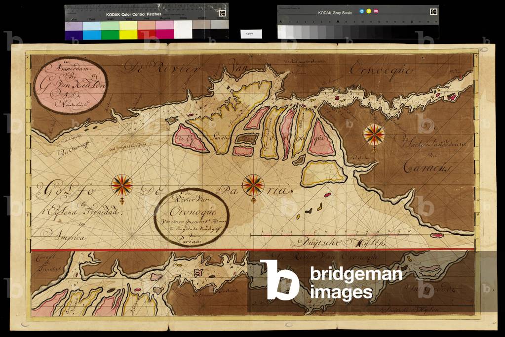 Geography map: representation of the Orenoque River in Venezuela, the Gulf of Paria, the islands of Tobago, Trinidad (Trinidad), made by Dutch cartographer Gerard van Keulen (1678-1726) 1709-1713. Biblioteca Angelica, Rome