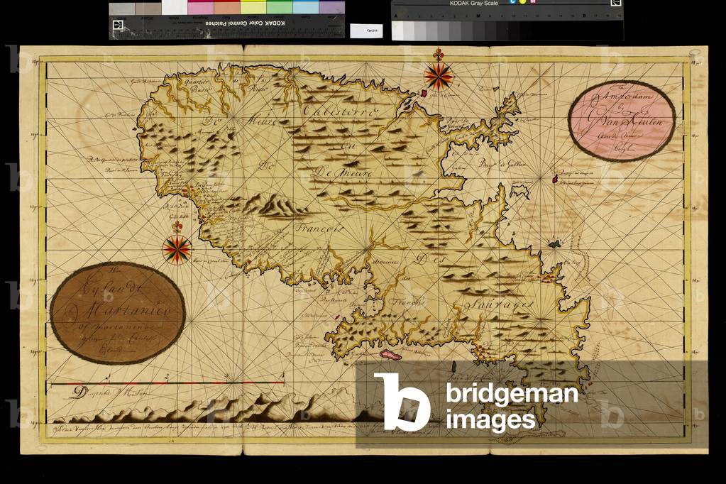 Geography map: representation of the island of Martinique in the small Antilles, made by Dutch cartographer Gerard van Keulen (1678-1726) 1709-1713. Biblioteca Angelica, Rome