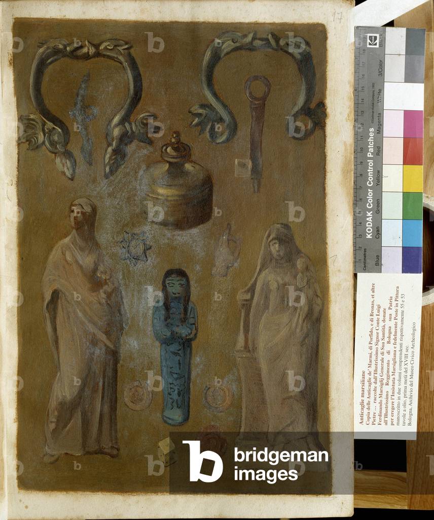 Copies of objects from the collection of Count Luigi Ferdinando Marsigli, a sheet from an 18th century manuscript, Archive of the Museo civico Archeologico de Bologna. Italy