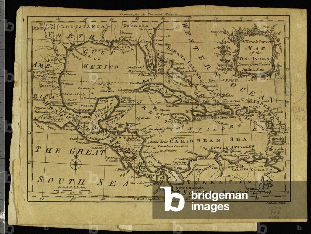 Geography: map showing the Gulf of Mexico, the Caribbean Islands, Central America (Mexico, Yucatan, Salvador, Honduras, Nicaragua, Costarica), northern South America (Venezuela) and southern United States. Map of John Gibson from an Atlas of 1762. Biblioteca Jose Marti, Havana, Cuba