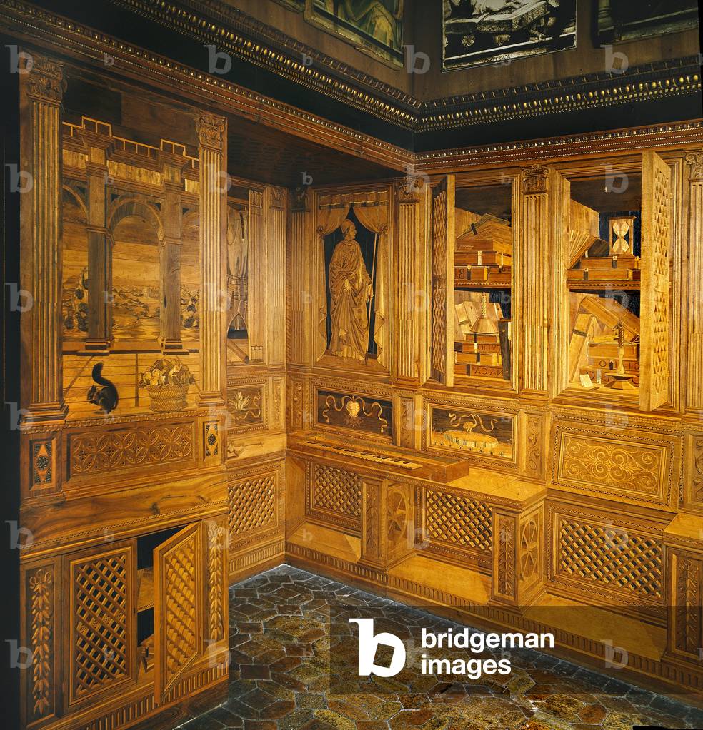 View of the studiolo (cabinet of curiosites) by Federico da Montefeltro (Frederic de Montefeltre, Duke of Urbino (Urbino) (1422-1482) inlay decoration. Ducal Palazzo (Ducal Palace), Urbino Italy