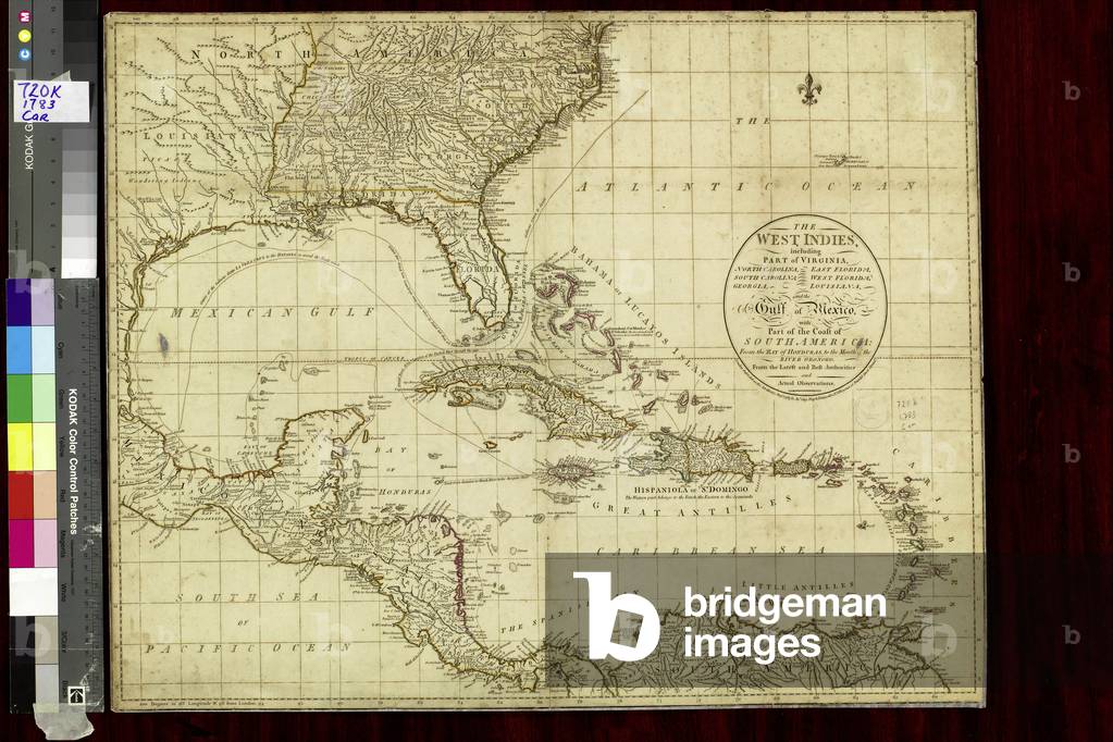 Geography: map showing the Gulf of Mexico, the Caribbean Islands, Central America (Mexico, Yucatan, Honduras, Nicaragua and Costa Rica) part of the United States, and South America from an Atlas of 1783, Bibliotheque Jose Marti, Havana, Cuba