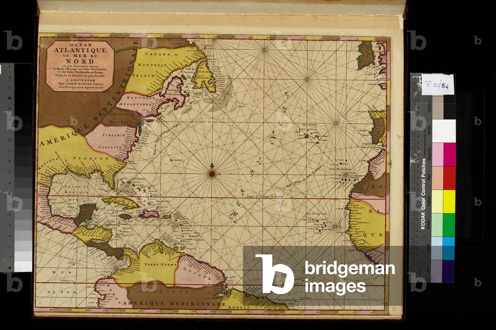 Geography map: representation of the Atlantic Ocean (or North Sea) with the coasts of the Americas (South and United States), the Caribbean Sea and the Caribbean, the coasts of West Africa and Spain. Plate taken from an atlas by Pierre Mortier (1661-1711), beginning of the 18th century. Biblioteca Angelica, Rome