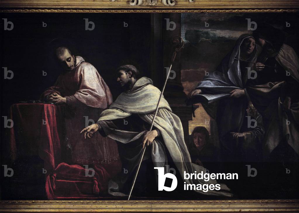 Saint Charles Borromee (Carlo Borromeo 1538-1584) with Saint Andre, Saint Francoise (1384-1440) and Saint Therese of Avila (1515-1582). Painting by Alessandro Tiarini (1577-1668). Chiesa San Martino Maggiore, Bologna.