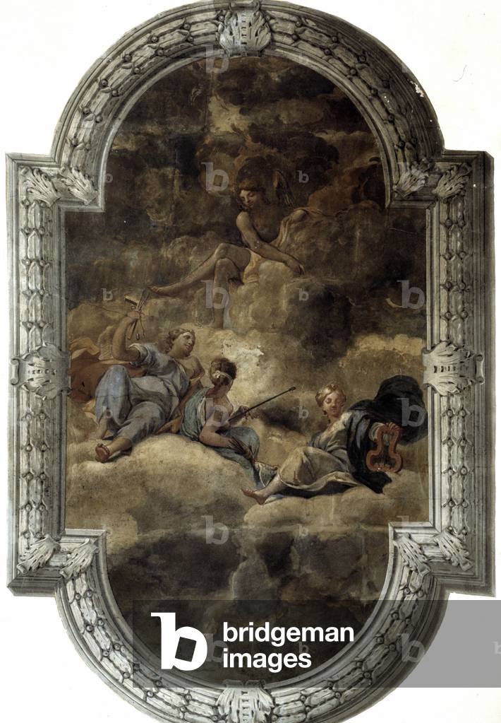 Allegory of the arts. Central part of the living room ceiling. Anonymous of the 19th century. Palazzo Bortolazzi a Finale Emilia (Modene).