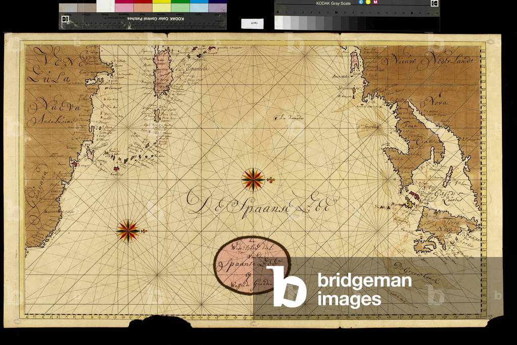 Geography map: representation of the Caribbean Sea with part of the archipelago of the Great Antilles (Hispaniola, Puerto Rico) and the small Antilles as well as the northern coasts of South America, and of the South of the United States, the south east to the left and the north to the right, made by the Dutch cartographer Gerard van Keulen (1678-1726) 1709-1713. Biblioteca Angelica, Rome