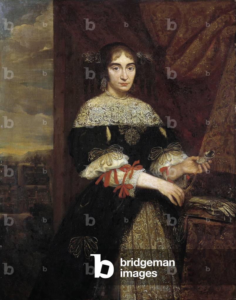 Portrait of a woman: a woman holding a pocket watch in her hand. Painting by Justus Sustemans (1597-1681), Flemish painter. Museo Civico, Galleria Campori, Modene.