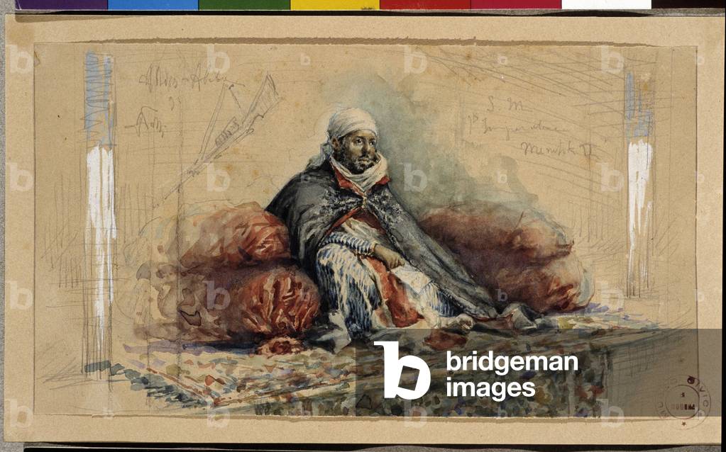 Portrait of Menelik II (1844-1913), King of Ethiopia. Watercolour by Augusto Valli (1867- 1945). Museo Civico, Modene.