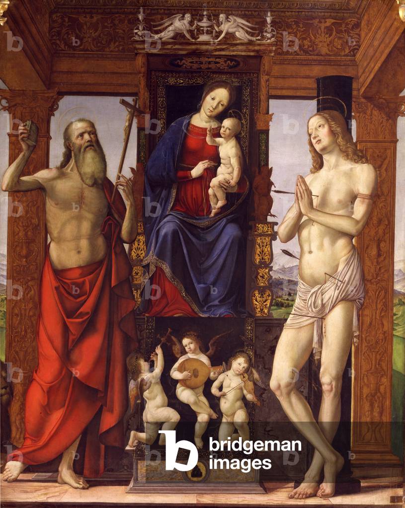 960 2 Madonna on the throne between St. Jerome and St. Sebastian. Painting by Francesco de (Il Frari) Bianchi-Ferrari (1457-1510), 1506. Chiesa di San Pietro, Modene.