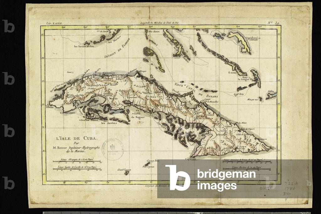 Geography: map of the island of Cuba with map in the Caribbean Sea. Map from an Atlas by Rigobert Bonne (1756-1823) from 1780. Biblioteca Jose Marti, Havana, Cuba