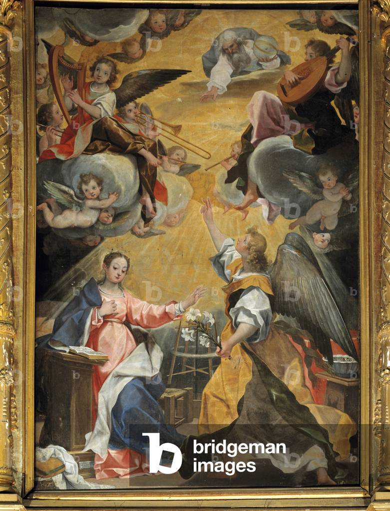 Annunciation. Painting by Giovanni Laurentini (circa 1550-1633). Santa Maria in Porto, Ravenna.