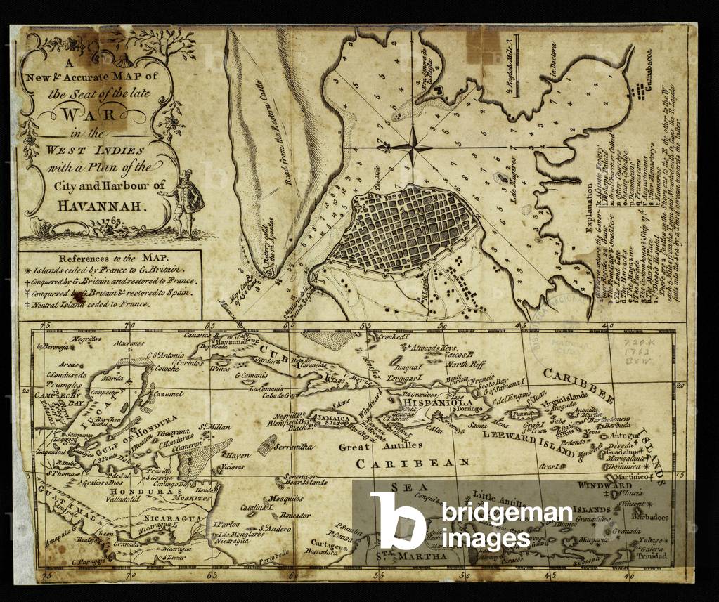 Geography: map of the island of Cuba with detailed map of the city of Havana. View of the entire Gulf of Mexico. Map from an Atlas of 1763. Biblioteca Jose Marti, Havana, Cuba