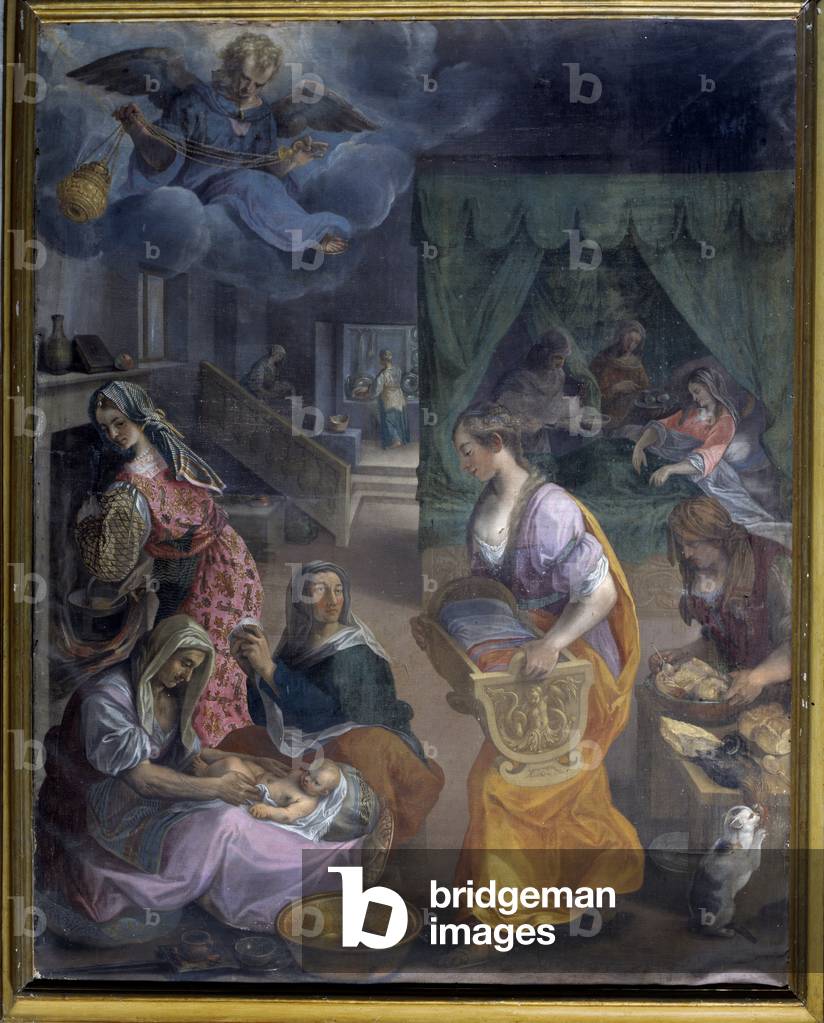 Episode of Mary's life: the birth of Mary. Painting by Francesco Borgani (17th century) Church of San Martino and Nicola, Viadana, Italy