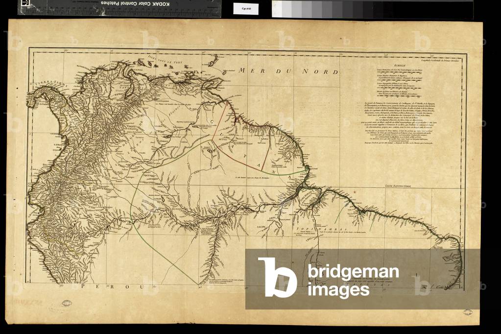 Geography map: representation of the northern part of South America (Brazil, Venezuela, Peru) from the Atlas “” Amerique meridionale” by French cartographer Jean-Baptiste Bourguignon d'Anville (1697-1782), 1748. Biblioteca Angelica, Rome