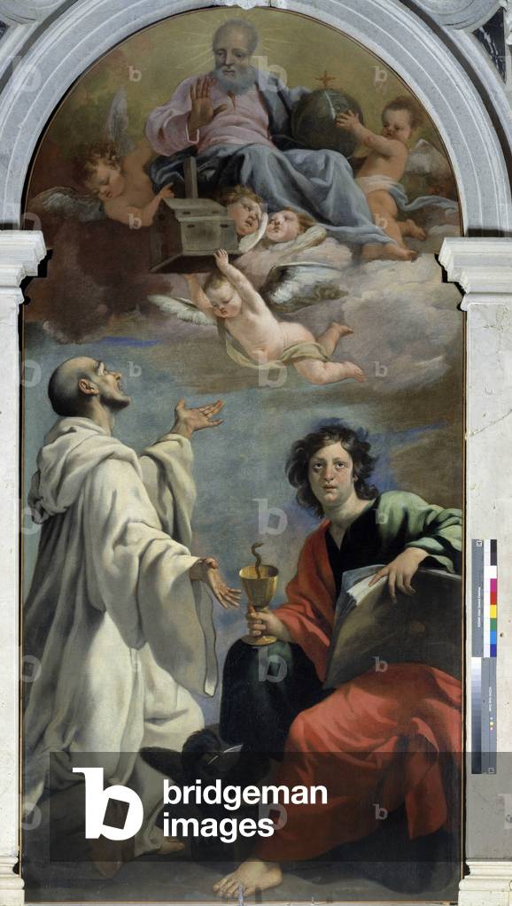 Almighty God with St. Bernard and St. John Evangelist. Painting by Luca Ferrari dit Luca da Reggio (1605-1654). Church of San Giorgio, Chirignago (Venice)