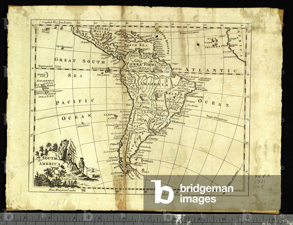 Geography: general view of Central and Latin America: map from “The west indian atlas or general description of west indies”” by Thomas Jefferys, geographer of the Prince of Wales, 1761. Biblioteca Jose Marti, Havana, Cuba.