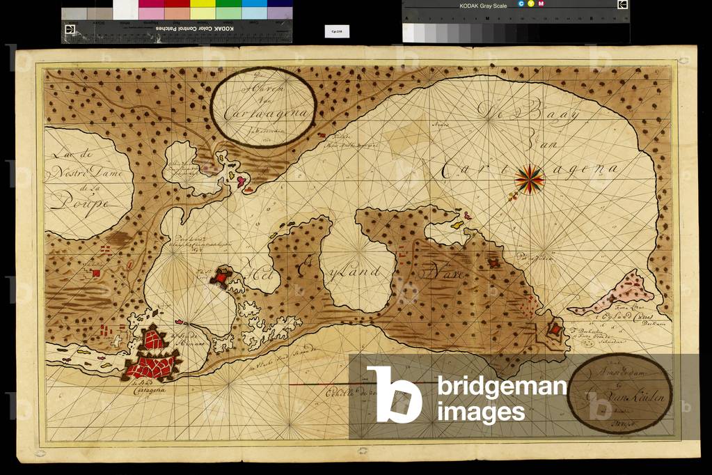 Geography map: representation of Cartagena Bay (Cartagena) in Colombia, made by Dutch cartographer Gerard van Keulen (1678-1726) 1709-1713. Biblioteca Angelica, Rome