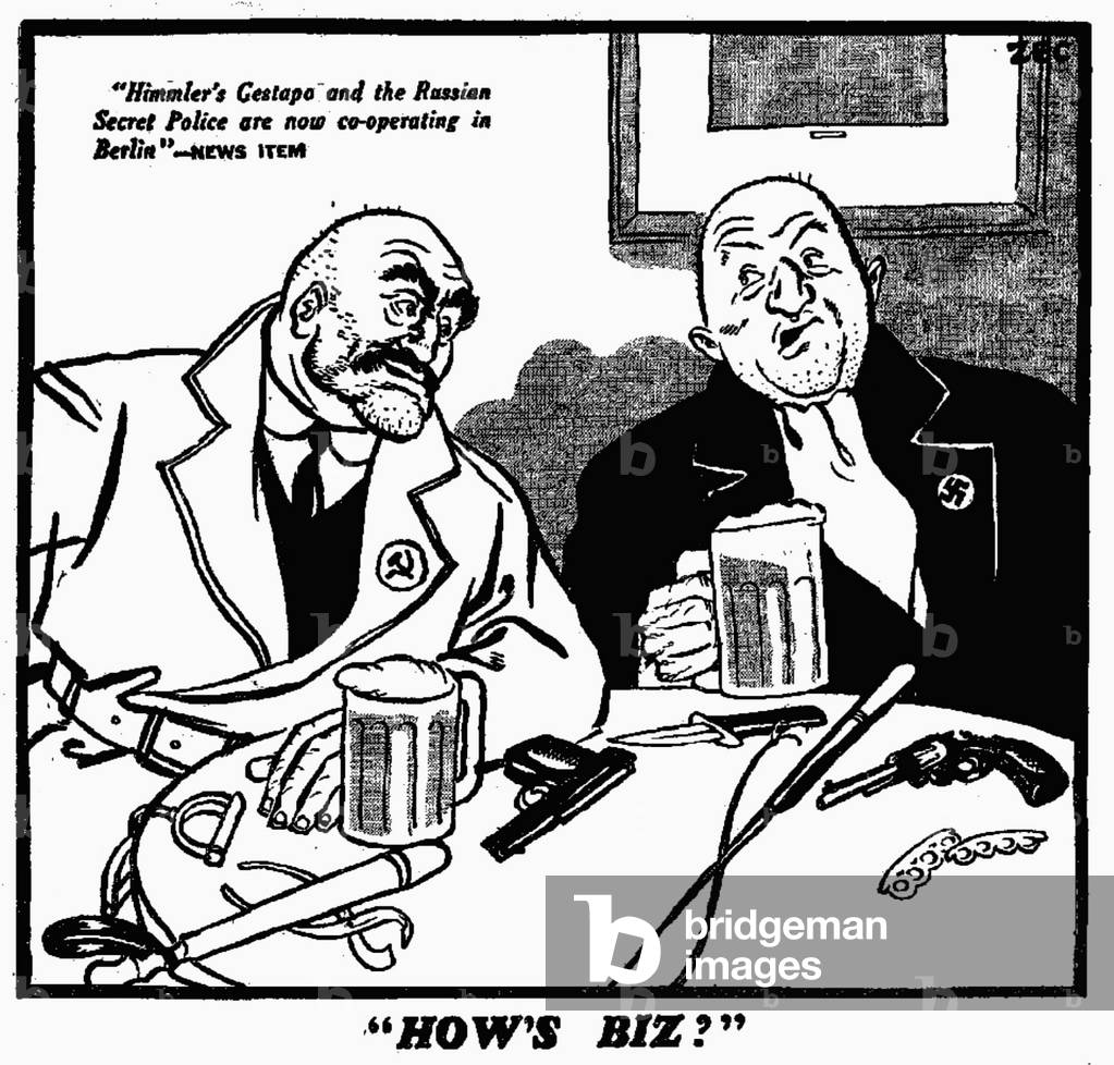 How's Biz, Himmler's Gestapo and the Russian Secret Police are now co-operating in Berlin, 4th December 1939 (b/w illustration)