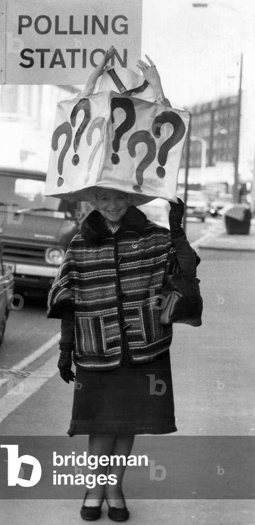 General Election 1979: This was how Mrs. Gertrude Shilling, famous for her outrageous hats, headed for the polling station. She kept her vote a secret -under her hat. May 1979 P018753