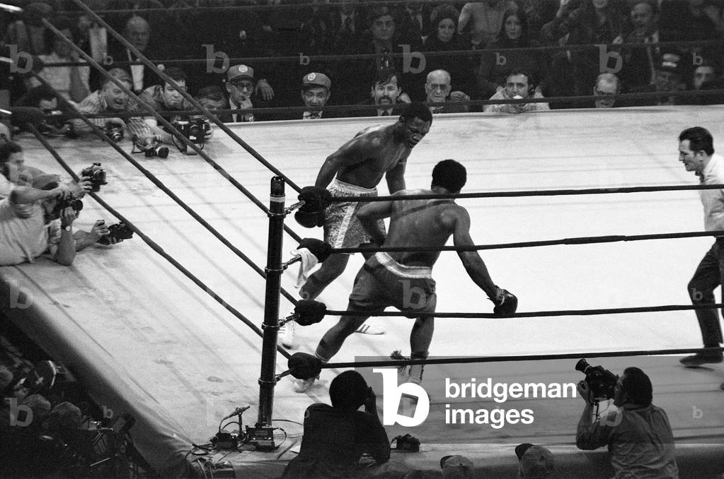 The Fight of the Century (also known as The Fight) is the title boxing writers and historians have given to the boxing match between champion Joe Frazier (26-0, 23 KOs) and challenger Muhammad Ali (31-0, 25 KOs), held on March 8, 1971 (b/w photo)