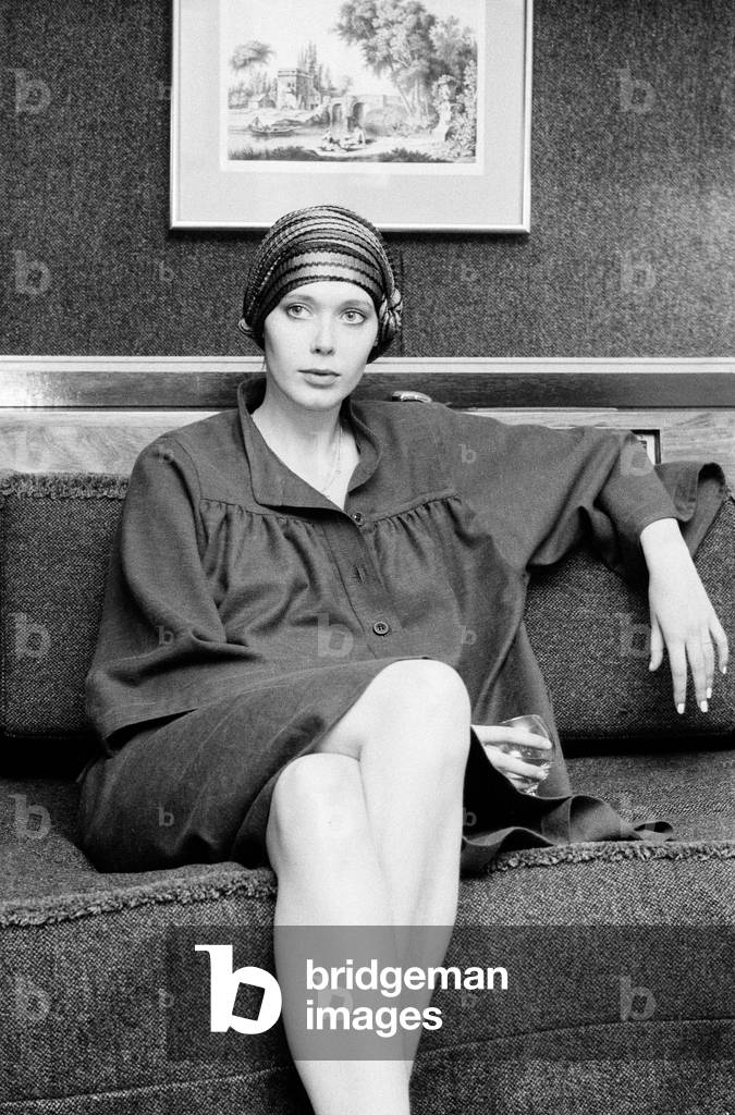 Sylvia Kristel, Dutch actress in the UK to promote new film, Emmanuelle, pictured relaxing in her hotel room after arriving (from Paris), London, Friday 24th October 1974.