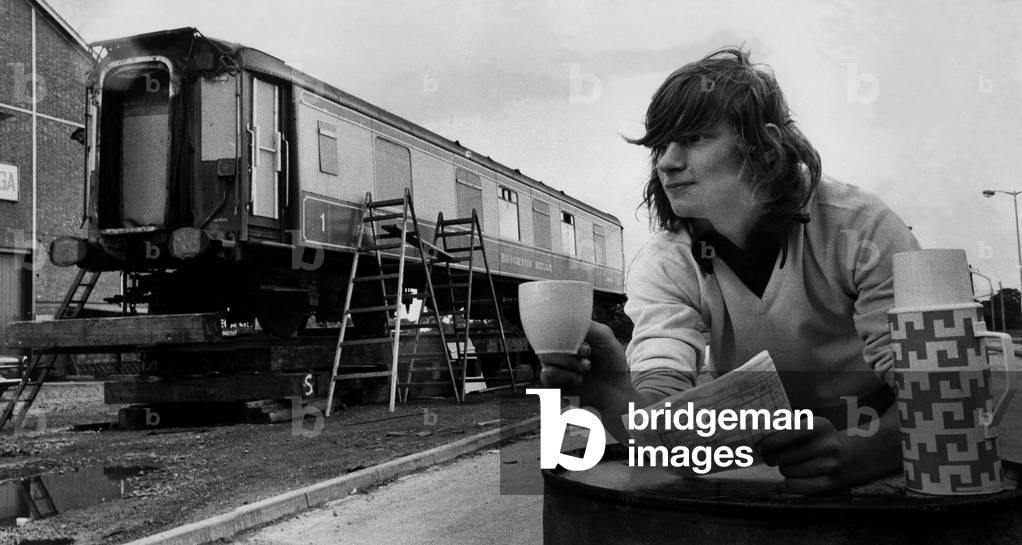 David Hughes, one of the workmen converting a coach from the old Brighton Belle Pullman car train into a restaurant on 4th August 1972 (b/w photo)