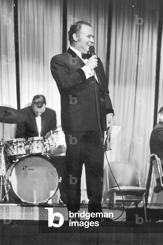 Scottish comedian Glen Daly seen on stage performing in Glasgow 13th August 1970 (b/w photo)