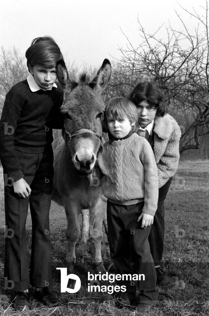 Children with donkey, February 1975