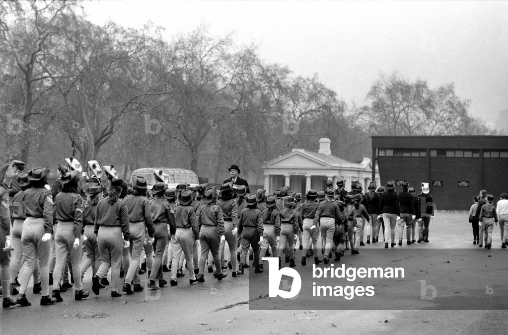 The Horse Rangers of the Commonwealth Association paraded in Trafalgar Sqand were inspected by ex. R.S.M. Ronald Britten late of the Coldstream Guards. The parade of some 150 girls them marched down Whitehall lead by the full band of the Royal Marine Cadats as well as R.S.M. Britten. A wreath was placed at the Cenopath. R.S.M. Britten on the parade Ground of Wellington Barracks with the girls marching past. December 1969