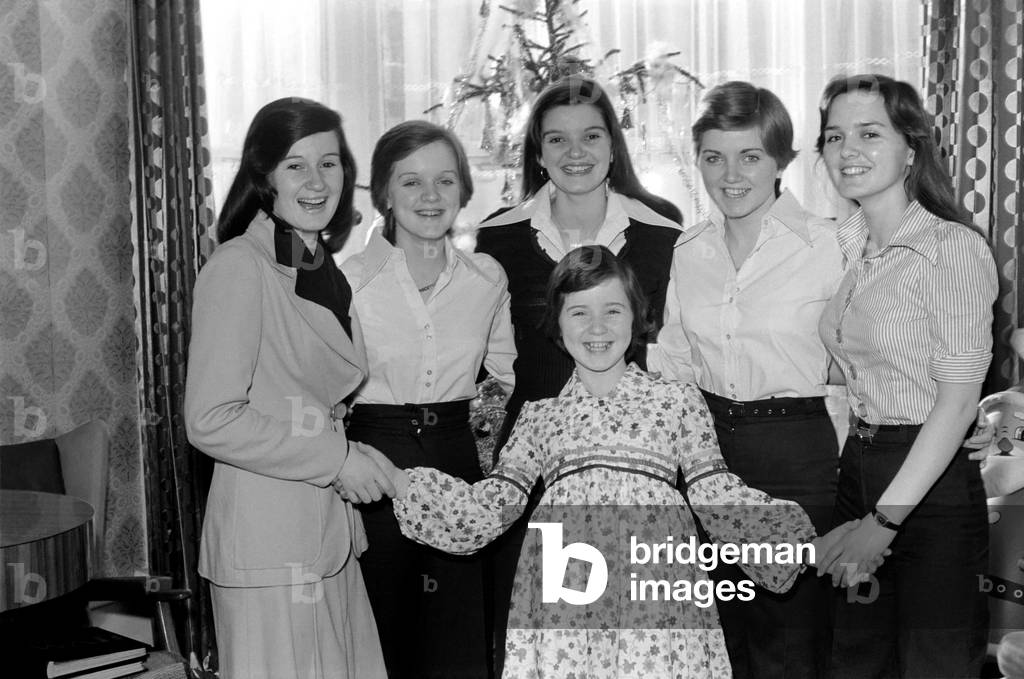The Nolan Sisters: Six lovely young ladies aged from 9 to 24 years are appearing in The Harry Secombe Christmas Show on Sunday, 29th December. They are the Nolan Sisters and they live at Ilford. L/R Denise (22), Bernadette (14), Anne (24), Linda (15), Maureen (20) and front 9-year-old Coleen. December 1974