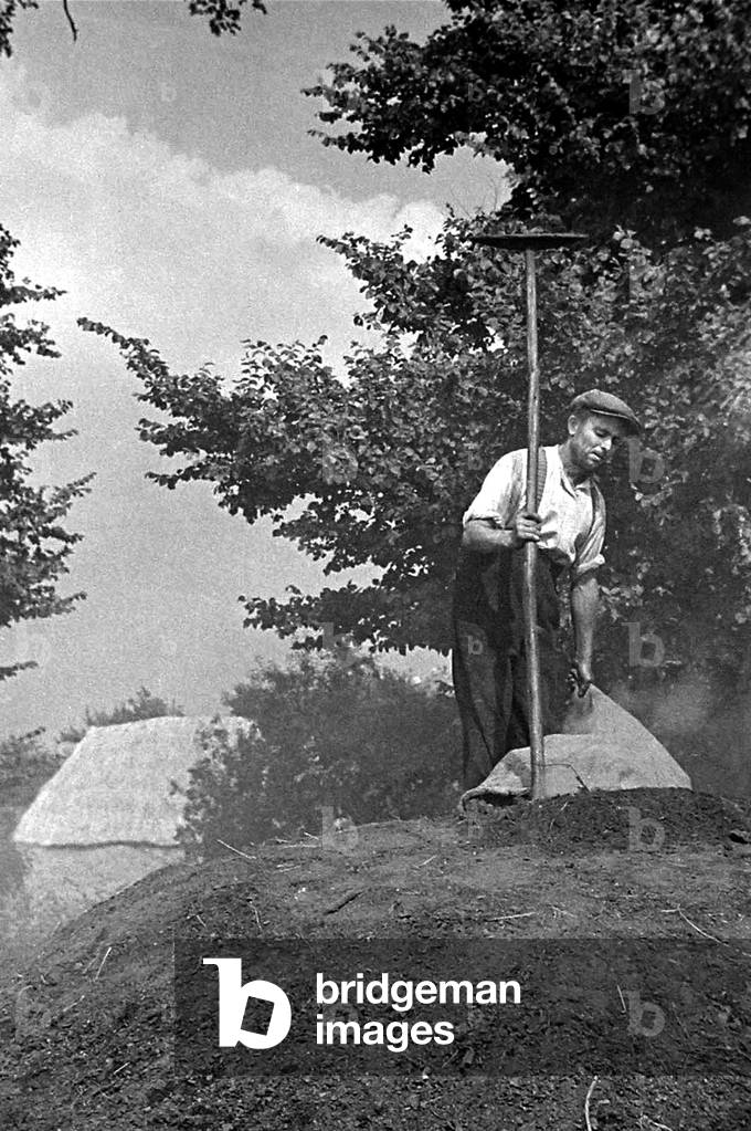 A farmer standing on top of a mound of peat, c. 1938 (b/w photo)
