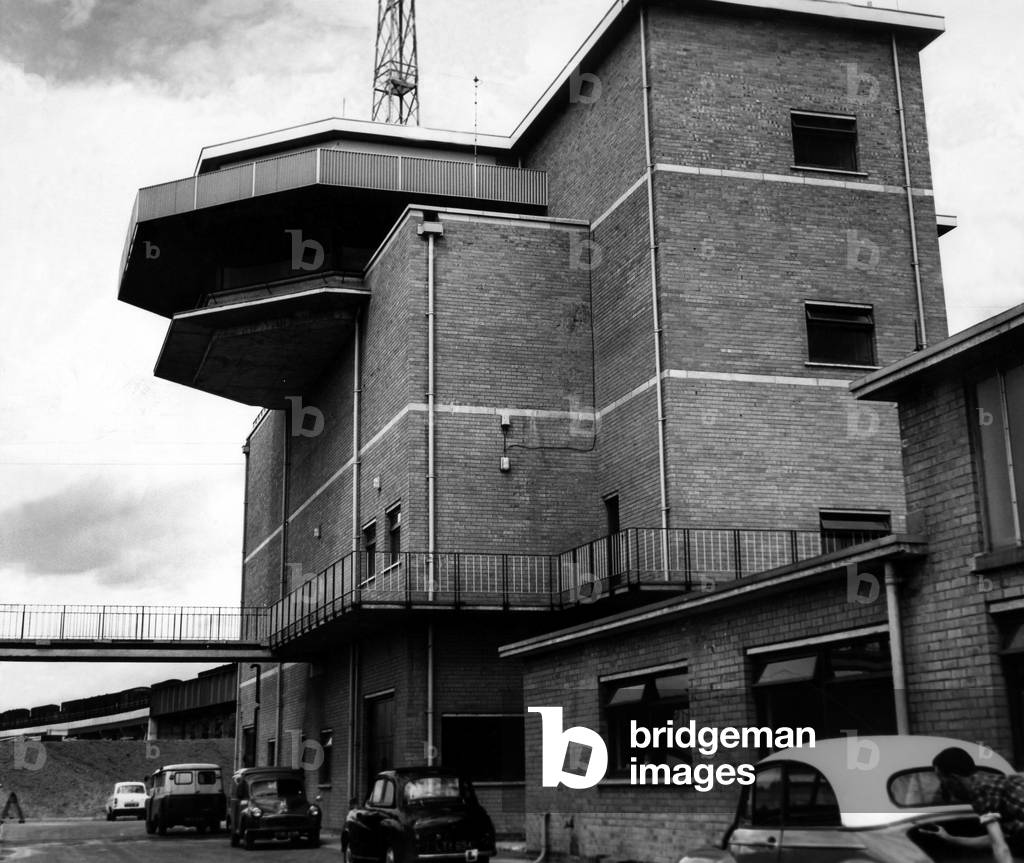 The marshalling yard control tower at Tyne marshalling yard, Lamesley on, 21st June 1963 (b/w photo)