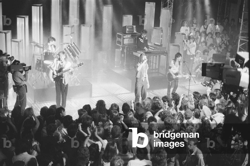 Duran Duran performing on stage at the Montreux Golden Rose Pop Festival, Montreux, Switzerland, 11th May 1984 (b/w photo)