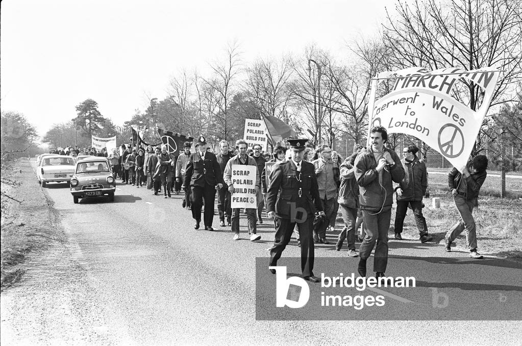 CND marchers from across the country converge on the governments Atomic Weapons Establishment at Aldermaston. 7th April 1969 (b/w photo)