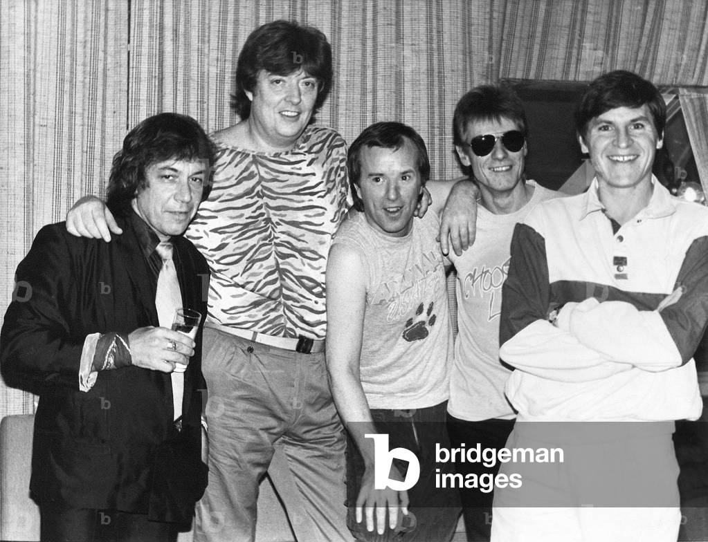 The Animals following there 1980s reunion tour. (Left to right) Eric Burdon, Chas Chandler, John Steel, Hilton Valentine and Alan Price, March 1984 (b/w photo)