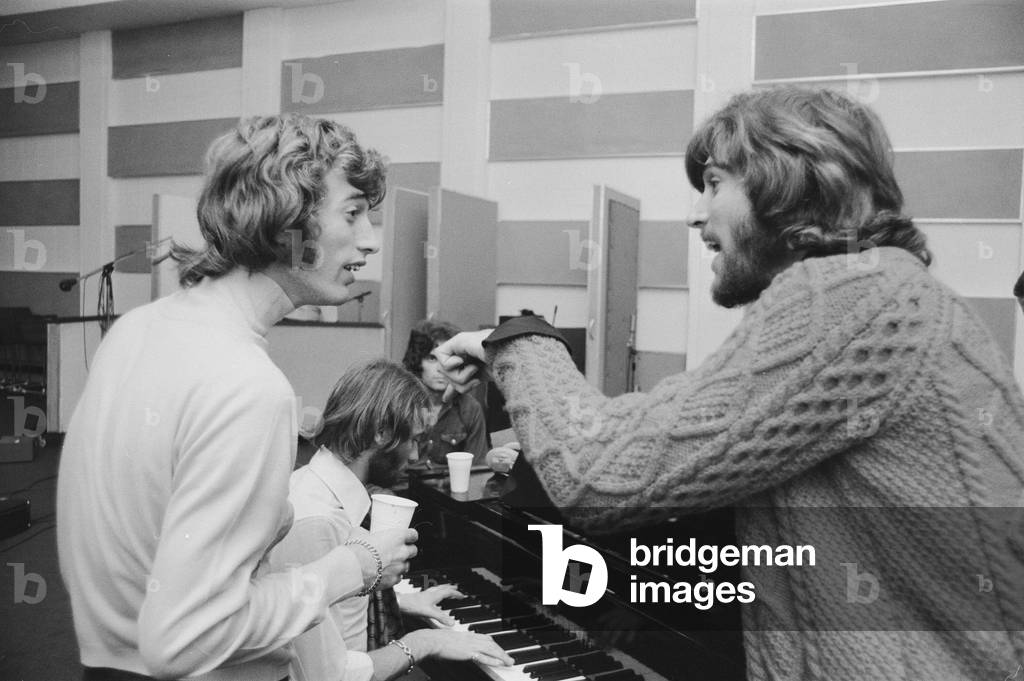 The Bee Gees, newly reunited & back in the recording studio together, Soho, London, 3rd September 1970 (b/w photo)