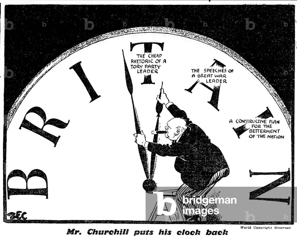 Mr Churchill puts his clock back, Philip Zec cartoon, 7th October 1946 (illustration)