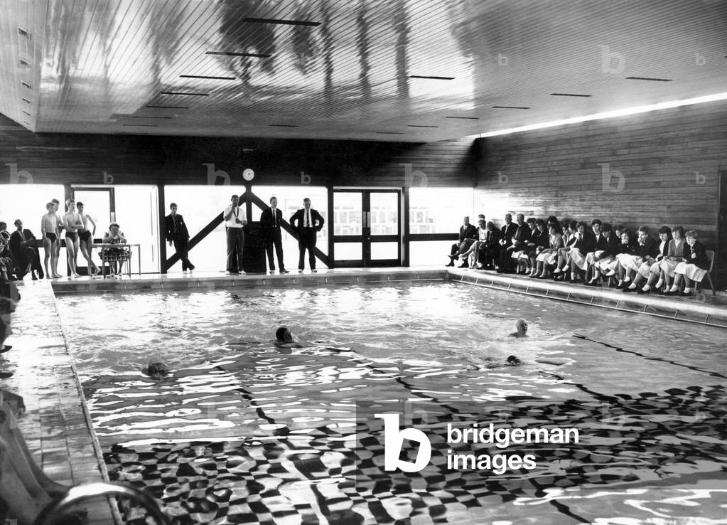 A race in progress in the new pool during the swimming gala that followed the opening of the swimming baths at Binley Park Comprehensive School. 26th June 1962 (b/w photo)