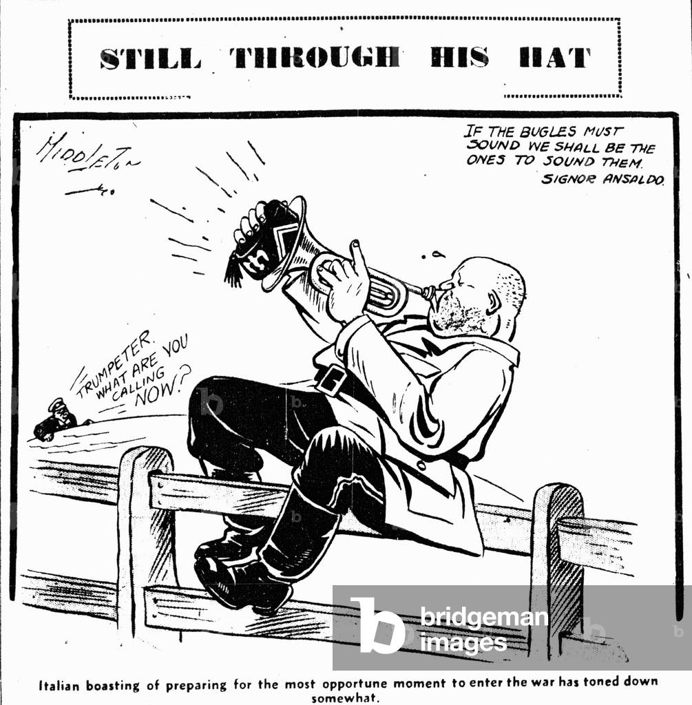 Middleton Birmingham Gazette cartoon: Still Through His Hat ; Italian boasting of preparing for the most opportune moment to enter the war has toned down somewhat. Tuesday 16th April 1940 (b/w photo)