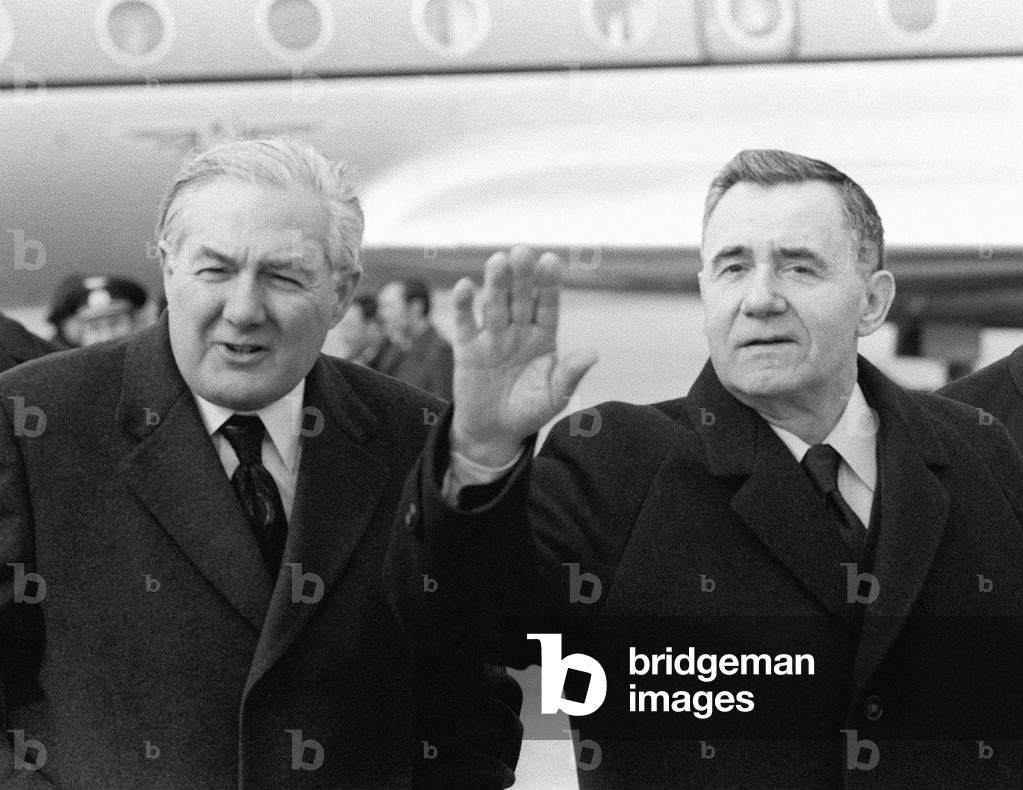 Prime Minister James Callaghan MP March 1976 with Soviet Foreign Minister Andrei Gromyko at Heathrow Airport, 1976 (b/w photo)