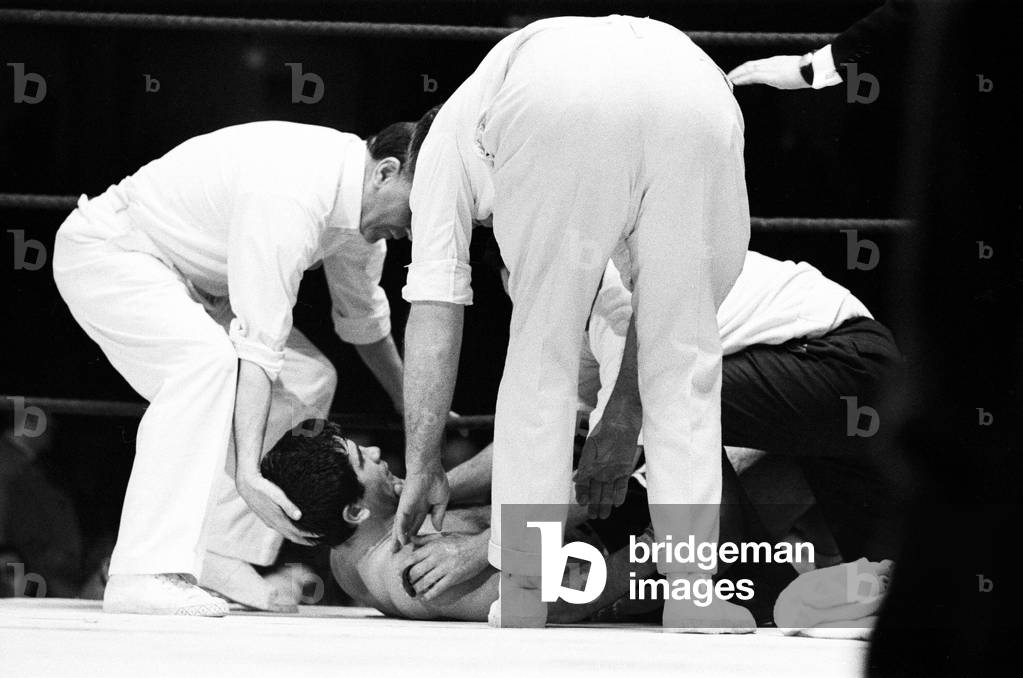 Boxing match between Jimmy Tibbs (white shorts) v Franco Macchia, held at the Royal Albert Hall, Kensington, London. Won by Jimmy Tibbs. 7th March 1967 (b/w photo)