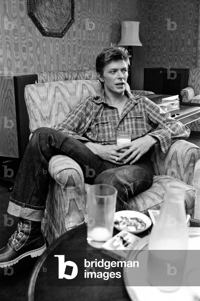 British pop singer David Bowie pictured at the Dorchester Hotel, London, 20th October 1977 (b/w photo)