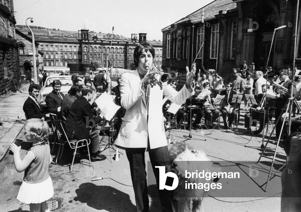The Beatles Paul McCartney at the mill town of Saltaire to record some music he had written with the Black Dyke Mill brass band, 30th June 1968 (b/w photo)